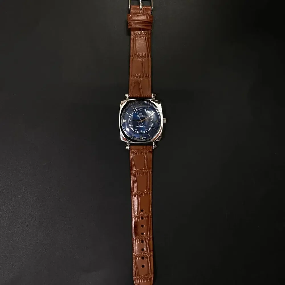 Vintage 1982 Roamer Manual Mens Silver Watch W/Leather Strap & Blue accents
